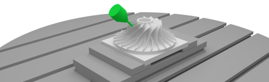 Virtual Machining Simuliertes Bild von Impeller auf Werkzeugtisch mit Werkzeug
